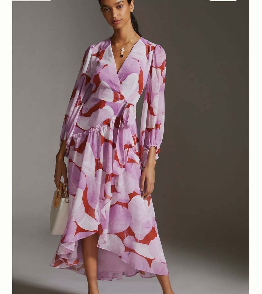 Anthropologie x Hutch Geo Wrap Chiffon Long Sleeve Maxi Dress Pink